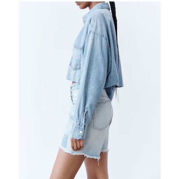 Zara Áo Sơ Mi denim Dáng Ngắn Thời Trang Mùa Thu Dành Cho Nữ8197470
