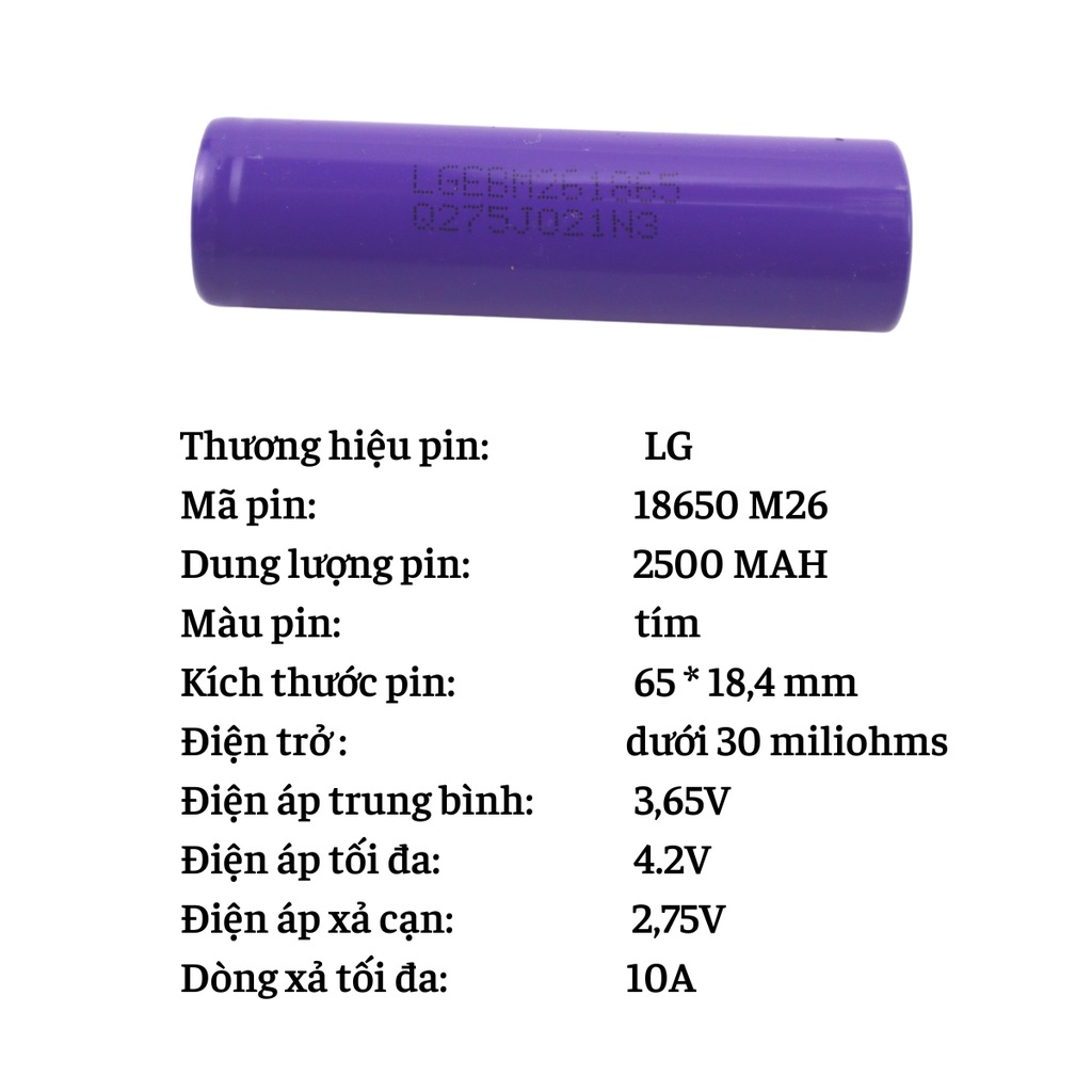 Cell pin li-ion LG M26 18650 2600mah xả 10A đóng pin máy khoan, xe điện, thay thế thiết bị...