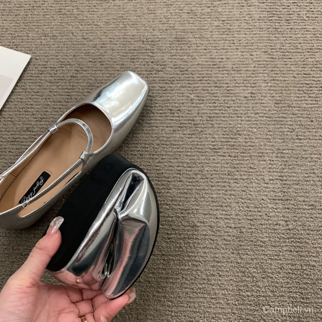 Giày Búp Bê Mũi Vuông Đính Nơ Màu Bạc Thời Trang Xuân Hè 2023