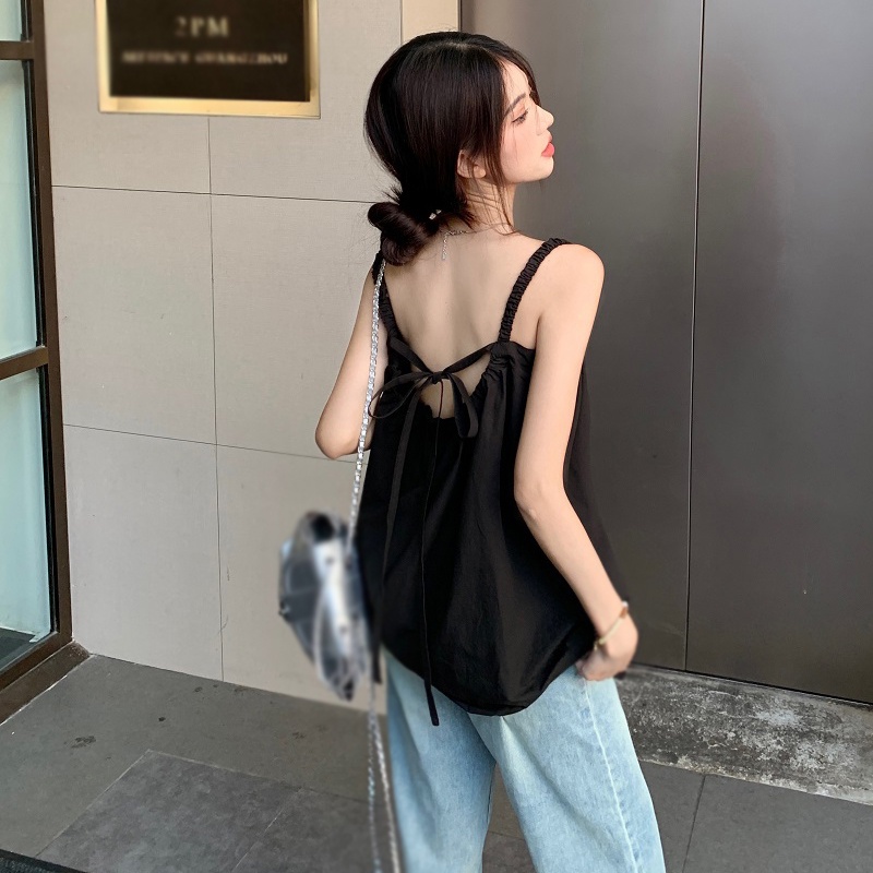 Áo Hai Dây Mùa Hè Màu Trơn Phối Ren Hở Lưng Phong Cách Hàn Quốc Cho Nữ