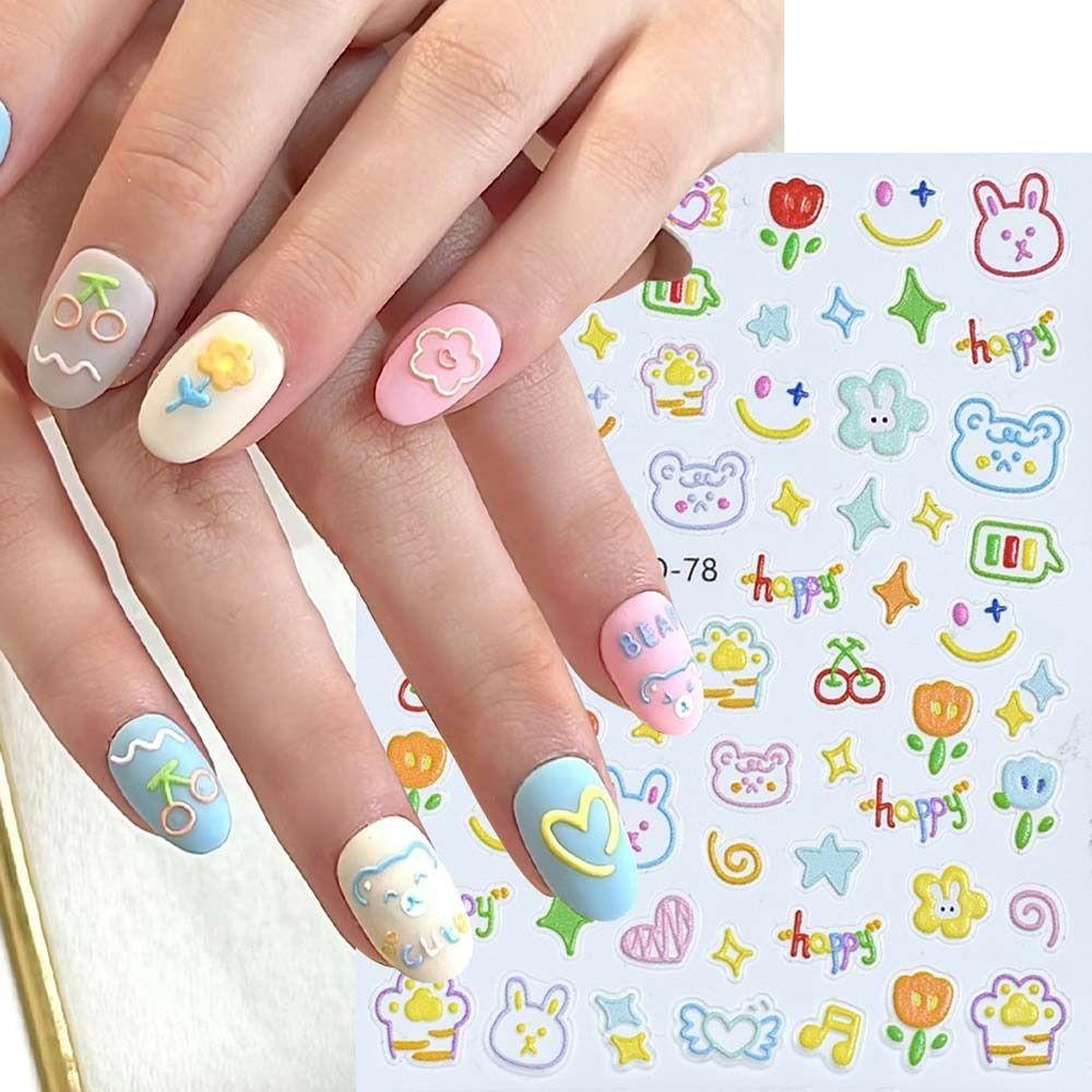 Lombar Nhãn Dán Trang Trí Móng Tay Nghệ Thuật dopamine Họa Tiết Hoạt Hình Thỏ Và Hoa Dập Nổi dopamine diy