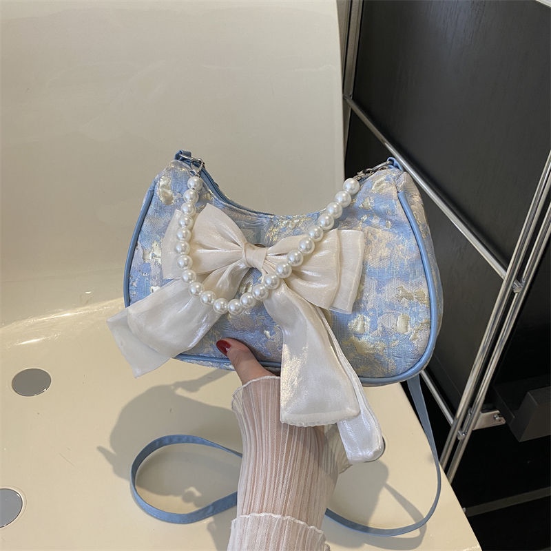 Niche Túi Đeo Chéo Đính Nơ Ngọc Trai Thời Trang Dành Cho Nữ