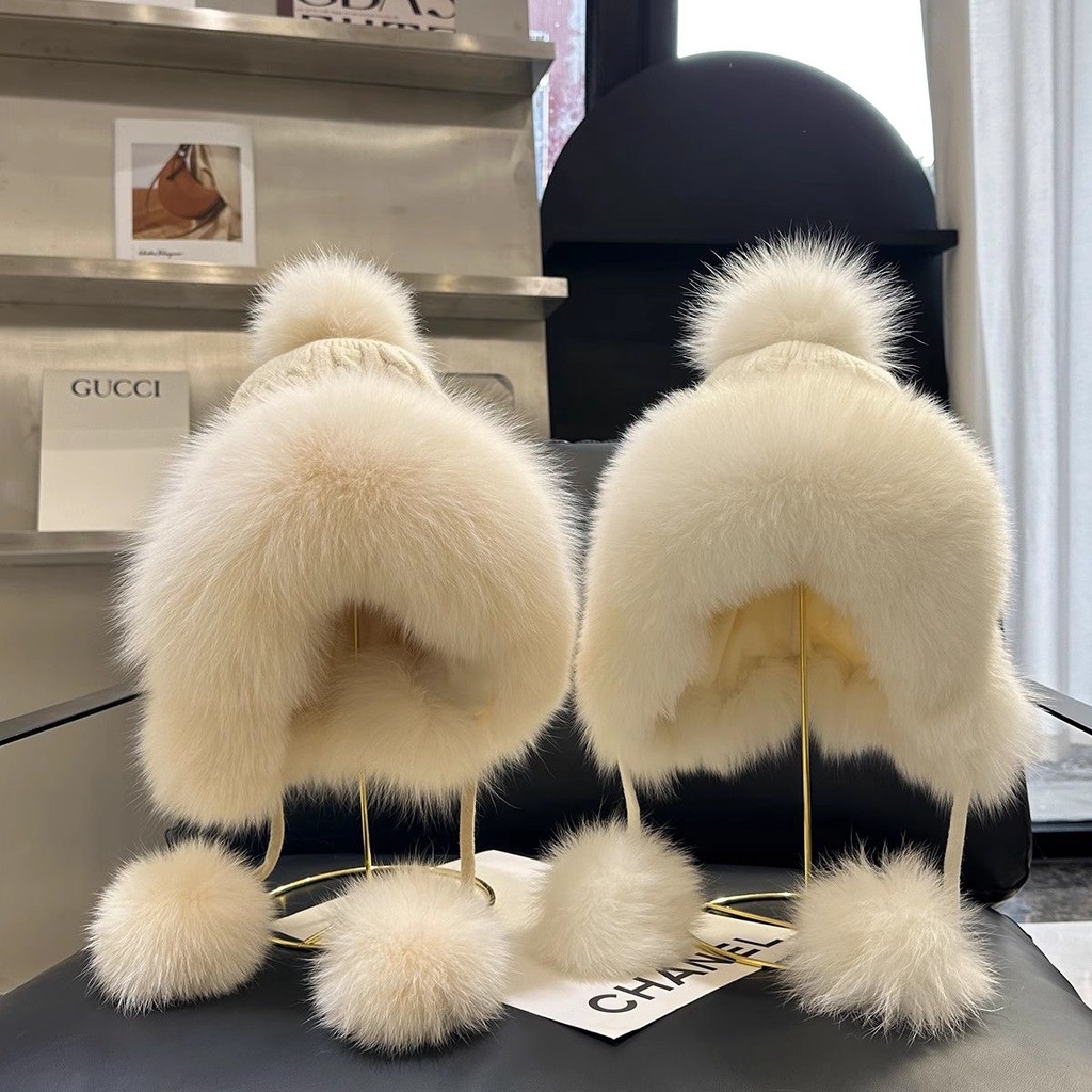 Mũ Len Lông Cáo Màu Trắng Bảo Vệ Tai Dễ Thương Thời Trang Thu Đông