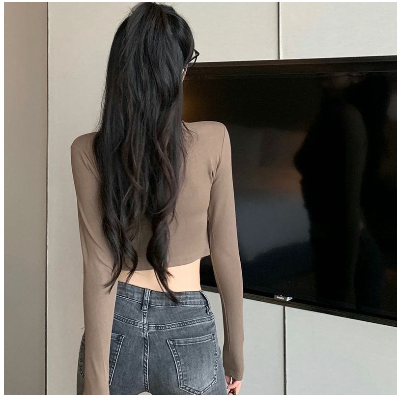 DUNEA Áo Croptop Tay Dài Cổ Cao Xếp Ly Quyến Rũ Thời Trang Cho Nữ