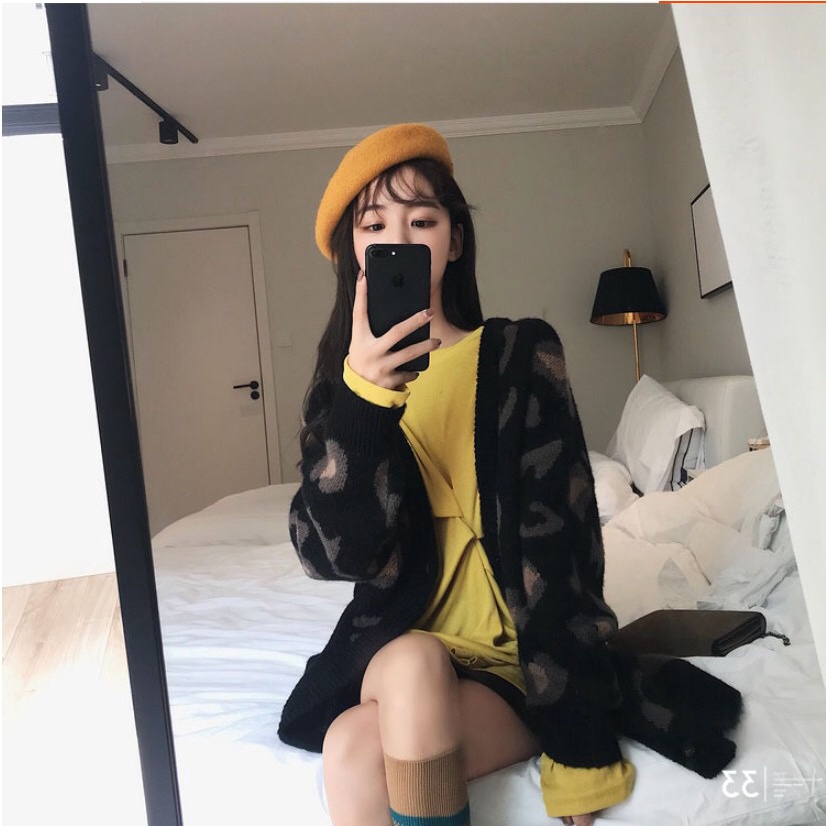 Xiang Nan Áo Khoác cardigan Len Dệt Kim Dáng Rộng Cổ Chữ v in Họa Tiết Da Báo Phong Cách Hàn Quốc Thu Đông Dành Cho Nữ