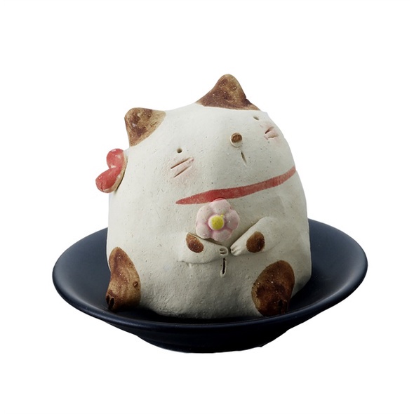 Tượng Mèo xông trầm Đĩa đen Ôm cá 7cm - Kanesan Shoten