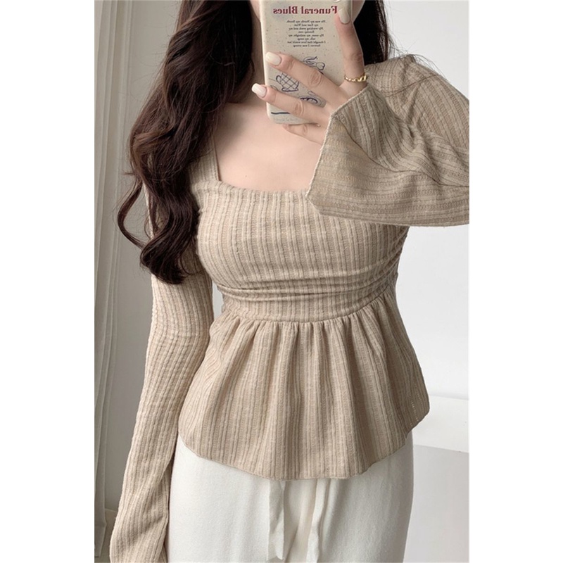 Áo Thun Tay Dài Cổ Vuông Dáng Ôm Thời Trang Xuân Thu Cho Nữ