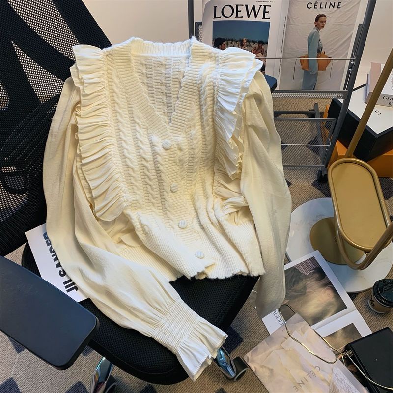 Áo Khoác cardigan Dệt Kim Phối Voan Nhún Bèo Ngọt Ngào Thời Trang Cao Cấp