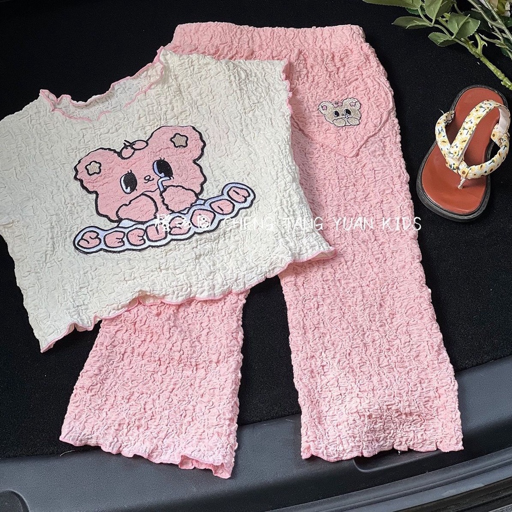 Bộ Áo Thun + Quần Ống Loe Màu Hồng Dễ Thương Thời Trang Mùa Hè Cho Bé Gái