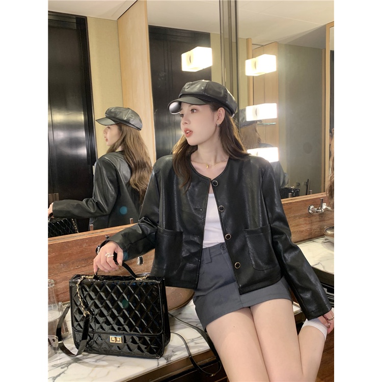 Lisynn Áo Khoác Da pu Dài Tay Phong Cách retro Cho Nữ