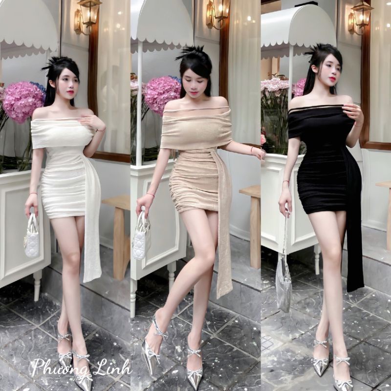 Váy body ren đũi trễ vai tà eo sang chảnh