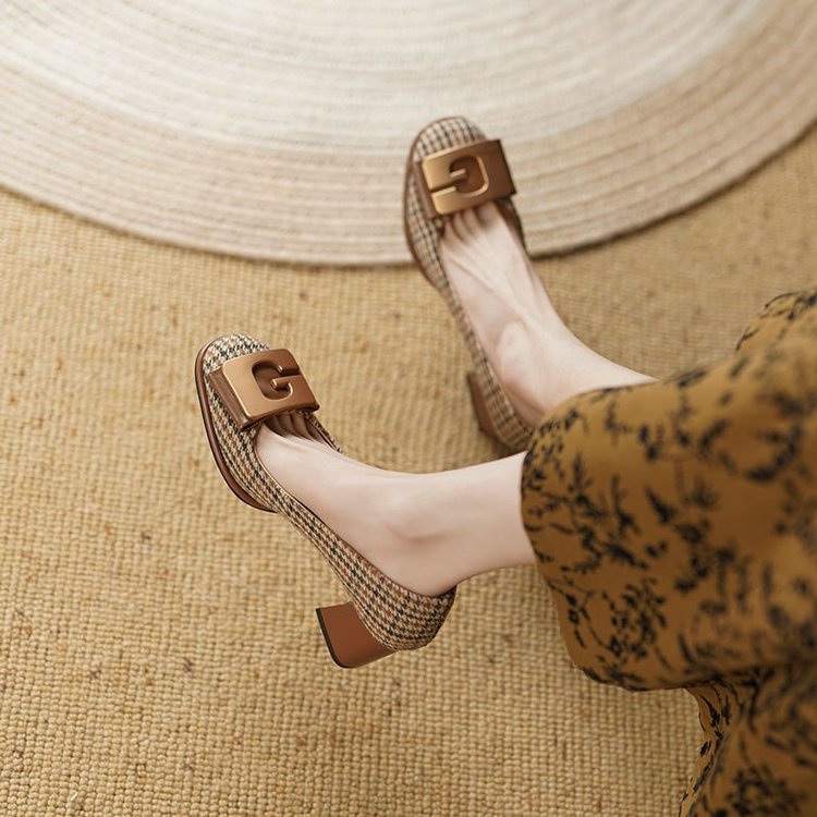 Giày Cao Gót Mũi Vuông Họa Tiết Sọc Caro Có size Từ 34-40 Cao Cấp Thời Trang Dành Cho Nữ