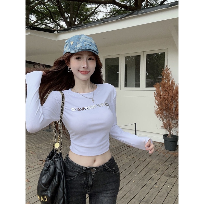 Áo Thun cotton Tay Dài Màu Đen Phong Cách retro Mỹ Cho Nữ