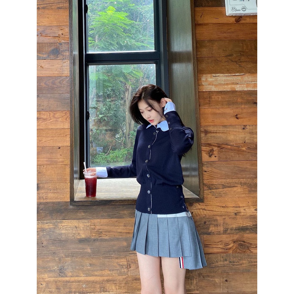 MVDM Thom Browne college style two-piece spring clothes 2023 new fashionable lapel shirt fake two-piece aging slim knit cardigan