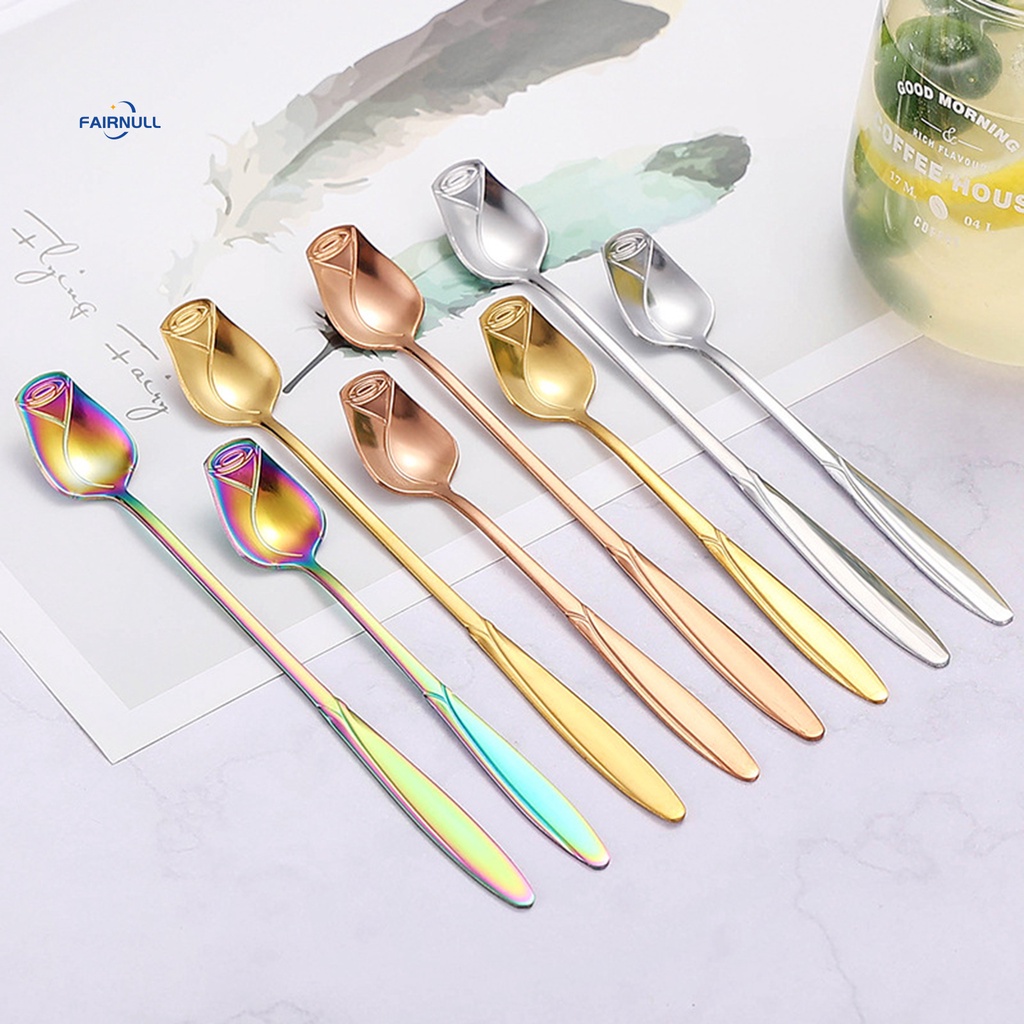 Fairnull Muỗng Cà Phê Tay Cầm Dài Bằng Thép Không Gỉ Cấp Thực Phẩm Thoải Mái Hình Hoa Hồng Cho Nhà Bếp