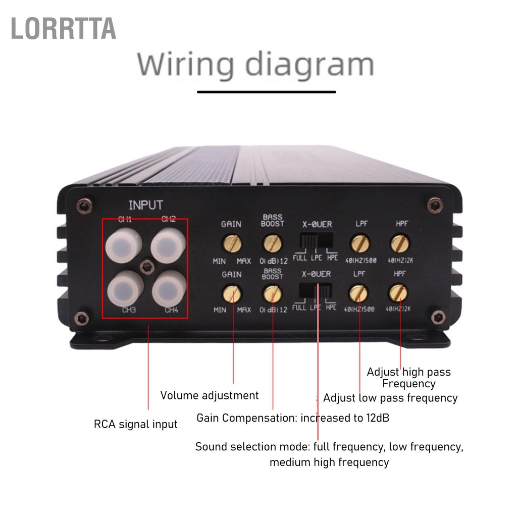 Lorrtta Bộ khuếch đại ô tô 4CH Class AB 400W 4 Ohms công suất 12V có thể kết nối cho loa Loa siêu trầm