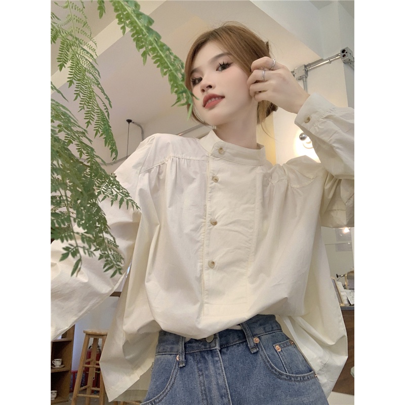 Áo Sơ Mi Tay Dài Cổ Đứng Dáng Rộng Phong Cách Pháp Thời Trang Mùa Thu Cao Cấp Cho Nữ