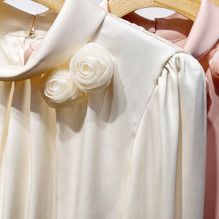 Áo Sơ Mi Cổ Đứng Màu Trơn Họa Tiết Hoa Ba Chiều Cho Nữ