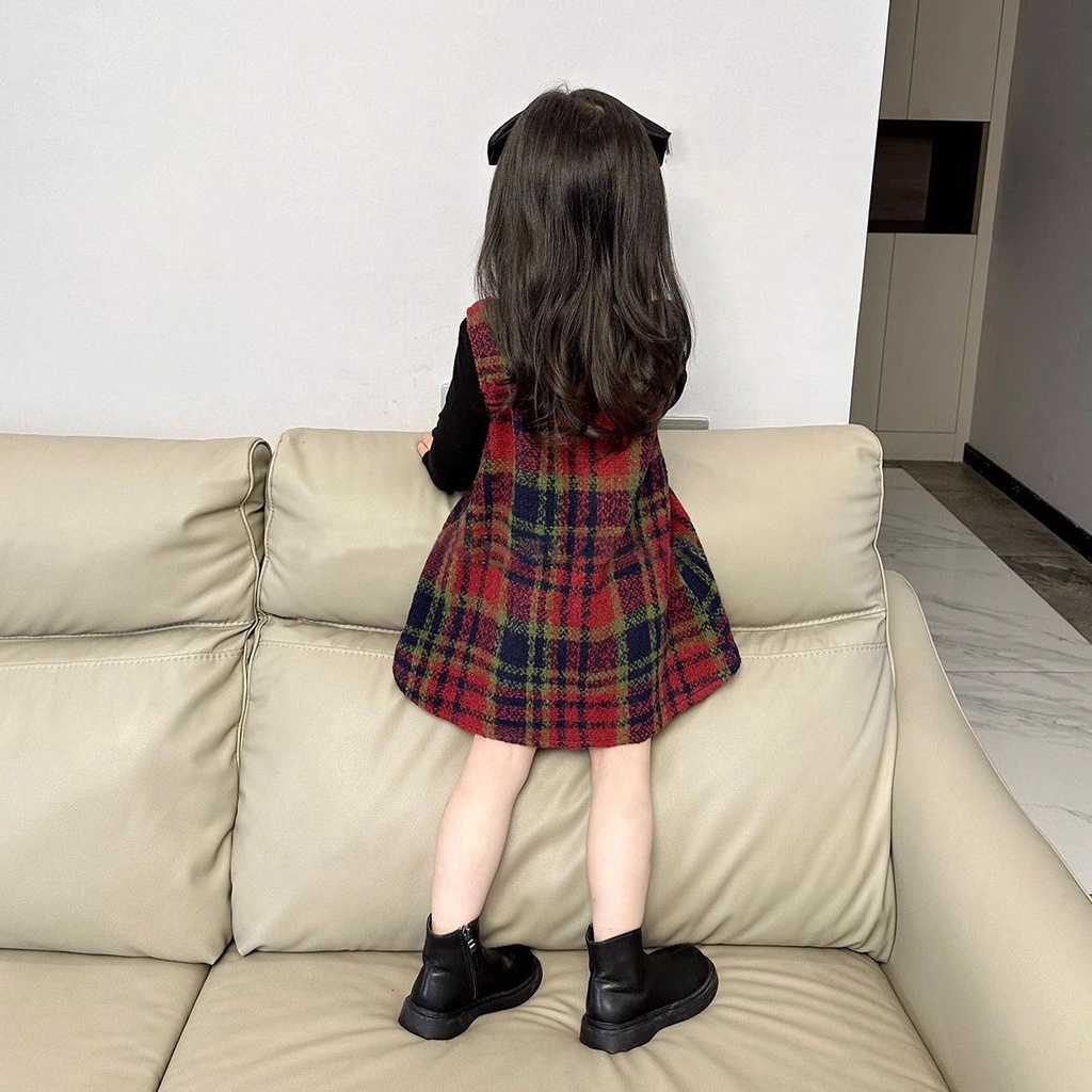 Set Áo Váy Len Họa Tiết Caro Thời Trang Mùa Thu Cho Bé Gái