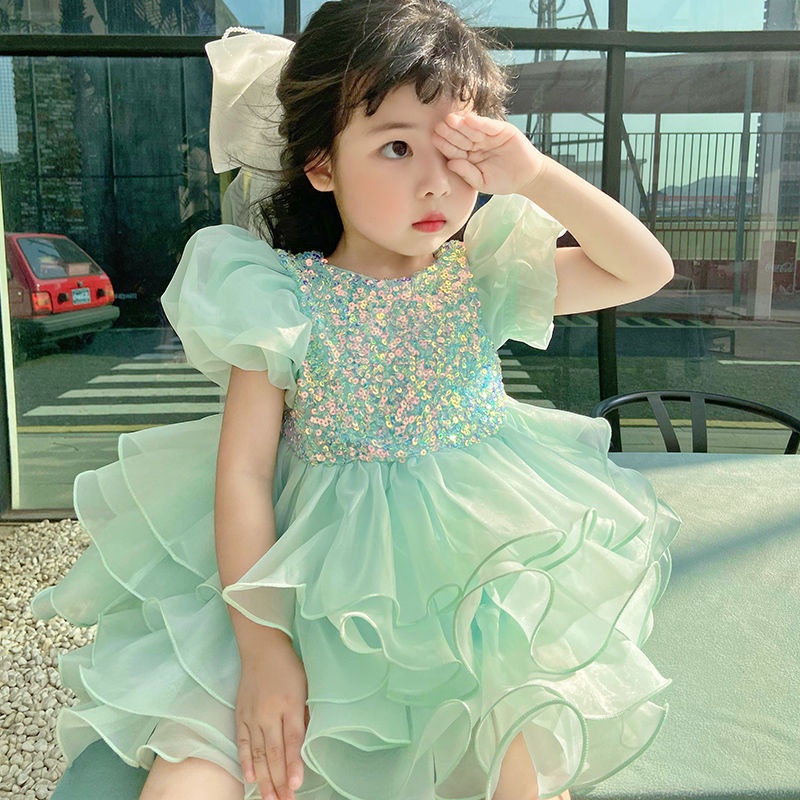 Bé Gái Mới Năm 2023 Váy Công Chúa sequin Bánh Ngọt Ngắn Tay