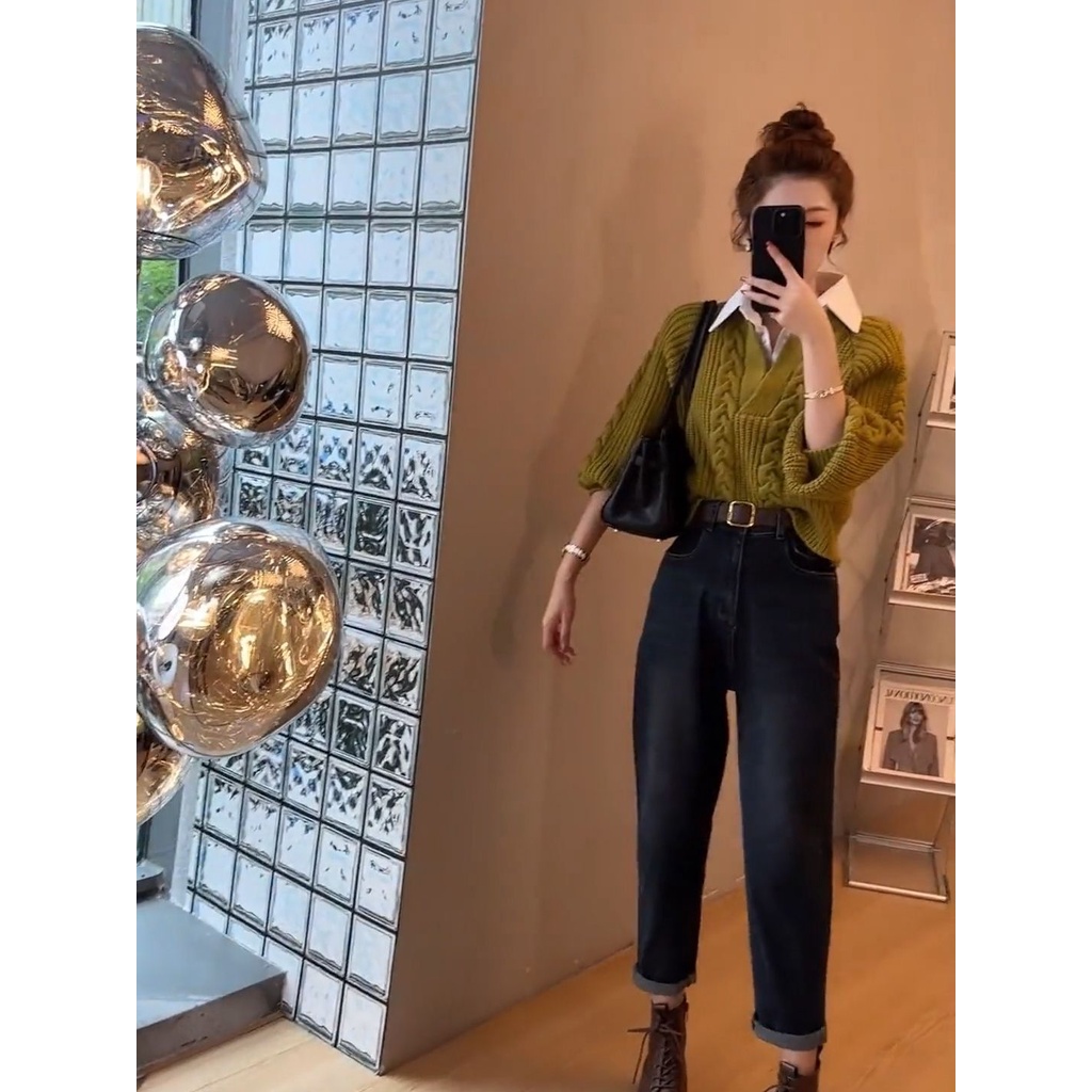 Áo sweater Giả Hai Lớp Cổ polo Dáng Ôm Phong Cách Thời Trang Pháp