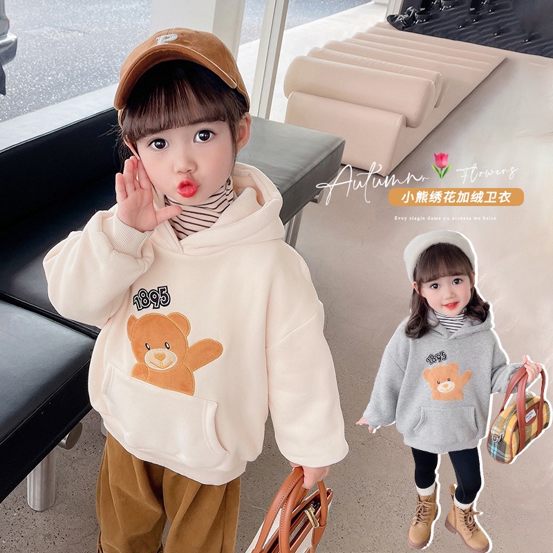 Áo Nỉ Lót Lông Cừu Thêu Hình Gấu Hoạt Hình Phong Cách Hàn Quốc Thời Trang Thu Đông Dành Cho Bé Gái 90-140cm