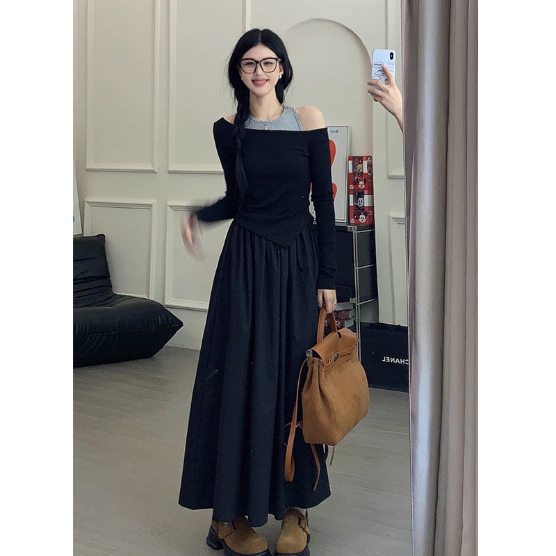 Lemon studio Set Áo Thun Đen Tay Dài Và Đầm Hai Dây Thời Trang Thu Đông Cho Nữ WD2005