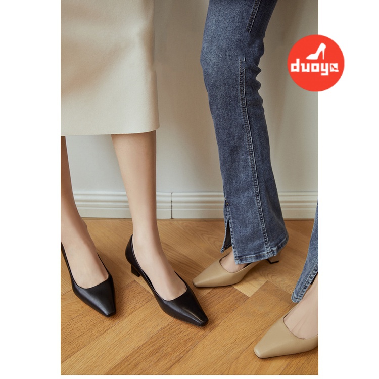 Nhà máy duoya tóc thẳng ~  màu trà sữa ngón chân vuông nhỏ giày miệng nông phụ nữ mùa xuân đi lại gót dày mũi nhọn giày cao gót miễn phí vận chuyển