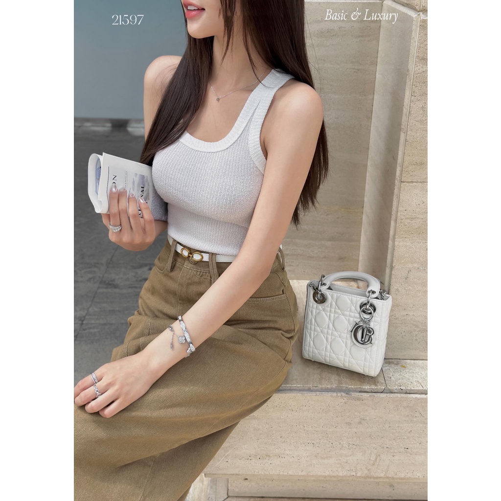 Set Chân Váy Kaki nâu cạp cao kèm đai áo ba lỗ trắng body siêu tôn da hàng QC cao cấp