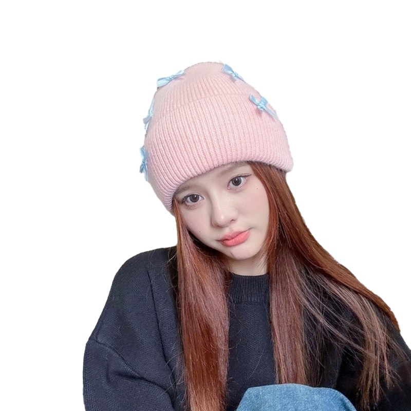 Mũ Beanie Đính Nơ Co Giãn Chống Gió Giữ Ấm Tai Thời Tiết Lạnh Đáng Yêu Cho Nữ