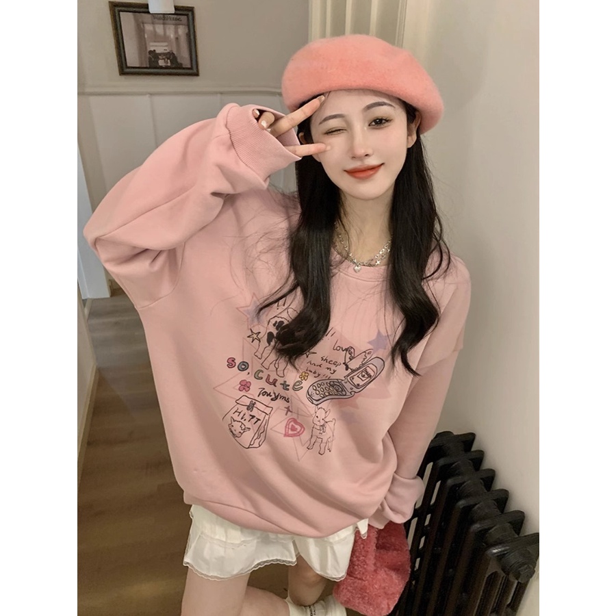 HIIXIIVI Áo Sweater cotton Tay Dài Dáng Rộng In Họa Tiết Thời Trang Hàn Quốc Mới 2024