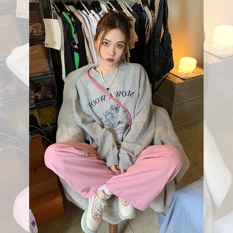 HIIXIIVI Áo Sweater cotton Tay Dài Dáng Rộng In Họa Tiết Thời Trang Hàn Quốc Mới 2024