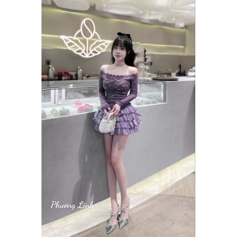 Set áo ren trễ vai mix chân váy bèo tầng xinhh xỉu