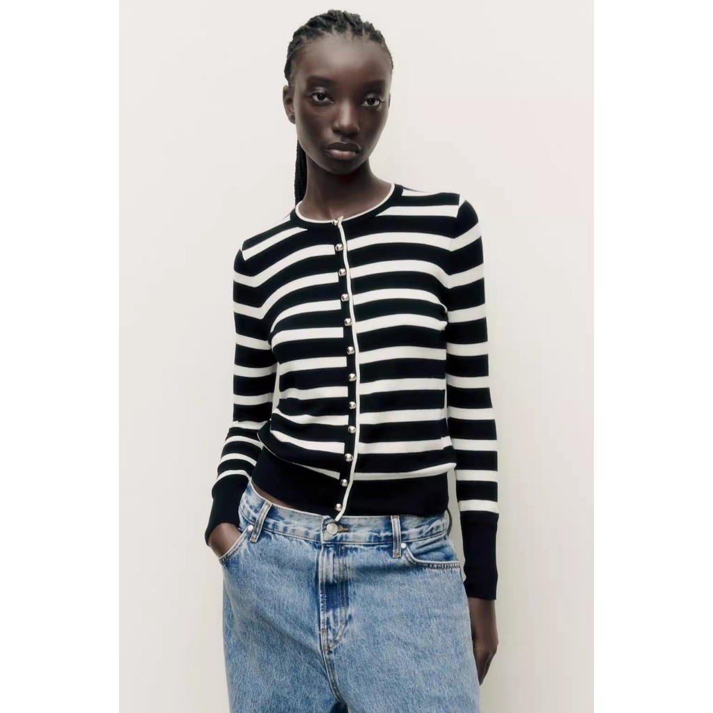 Zara Áo Khoác cardigan Dệt Kim Họa Tiết Kẻ Sọc Ngọt Ngào Thời Trang Mùa Thu Cho Nữ 0506110 800