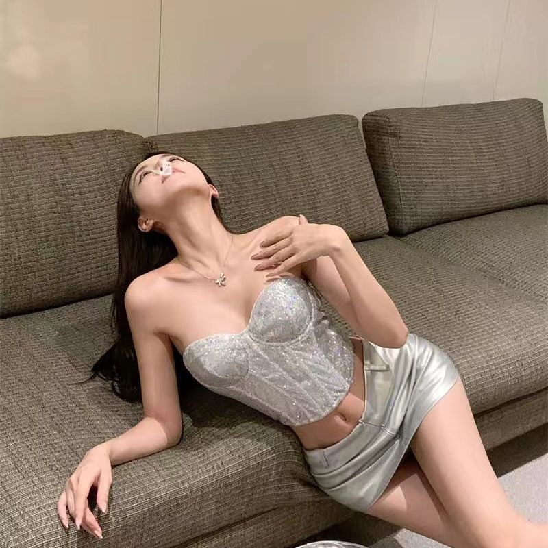 Phong Cách Âu Mỹ. Cô Gái Nóng Bỏng sexy. Áo corset Xương Cá Hạng Nặng Sequin. Áo Sát Nách Đính Kim Sa Lấp Lánh Phối Khóa Kéo Cá Tính