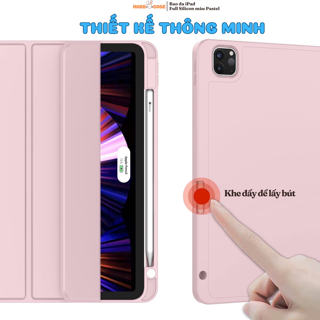 Bao da iPad Full Silicon, khay đựng bút bên phải, màu Pastel, mặt lưng silicon không ố vàng, góc chống sốc bảo vệ máy