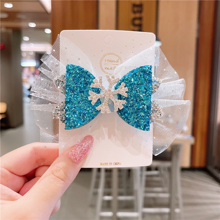 Kẹp Tóc Nơ Ruy Băng Lưới Tuyết Pha Lê Xanh Dương Công Chúa Tuyết Mới Cho Bé Gái