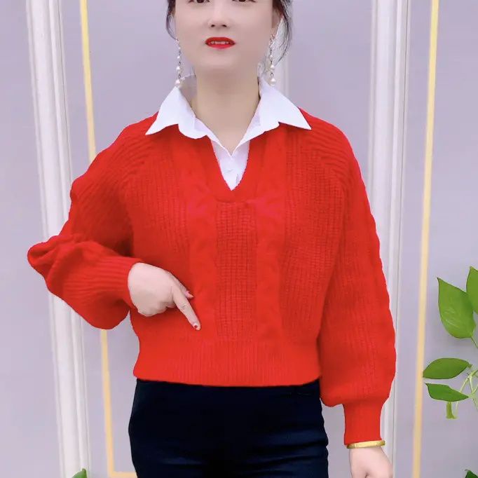 K Áo sweater Dệt Kim Giả Hai Lớp Cổ polo Mùa Thu Đông Bán Chạy Phong Cách Thời Trang Dành Cho Phụ Nữ Trung Niên