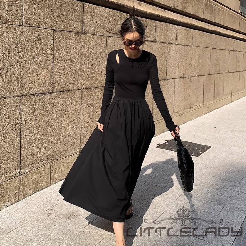 Đầm Dệt Kim Chữ a Tay Dài Khoét Lỗ Có Túi Cho Nữ