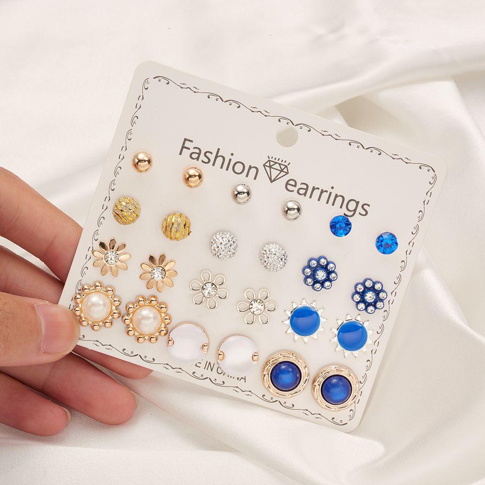 Set 12 Đôi Bông Tai Đính Đá Thời Trang Cho Nữ