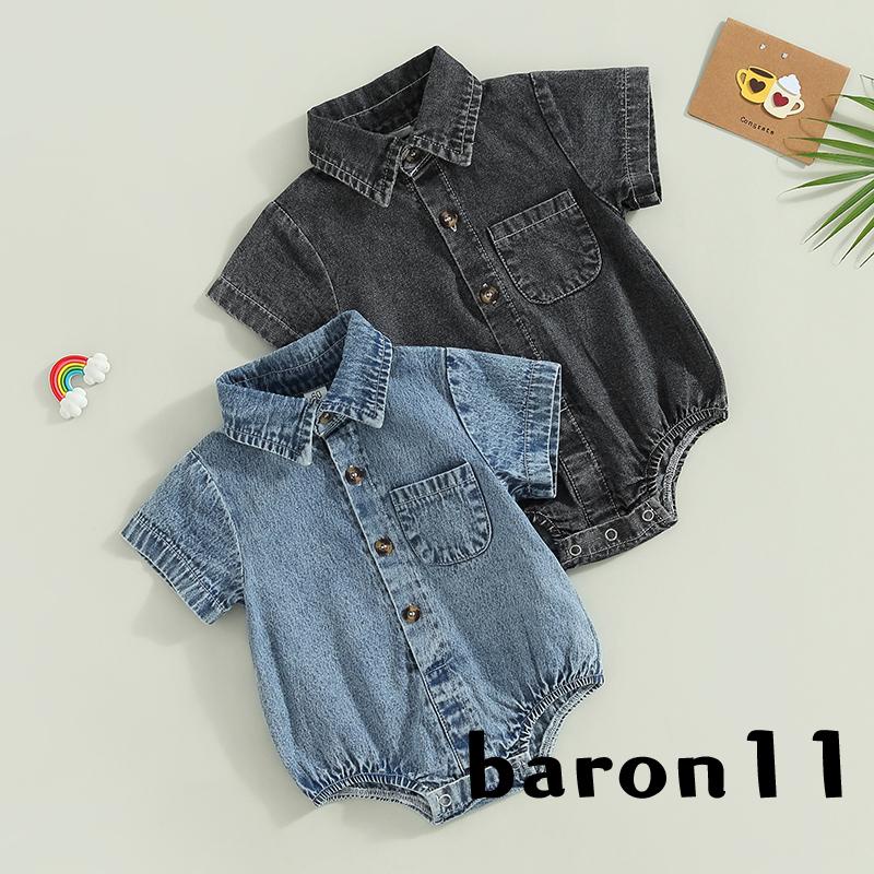 Bộ Áo Liền Quần denim Tay Ngắn Cổ Bẻ Cài Nút Màu Trơn Thời Trang Mùa Hè Cho Bé Trai / Gái