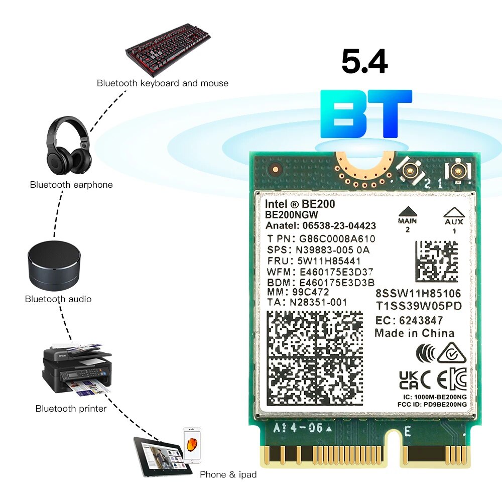 Wifi 7 intel be200 Thẻ wifi bluetooth 5.4 Băng Tần 2.4g / 5g / 6ghz 5.8Gbps m.2 ngff Cho win10 / 11