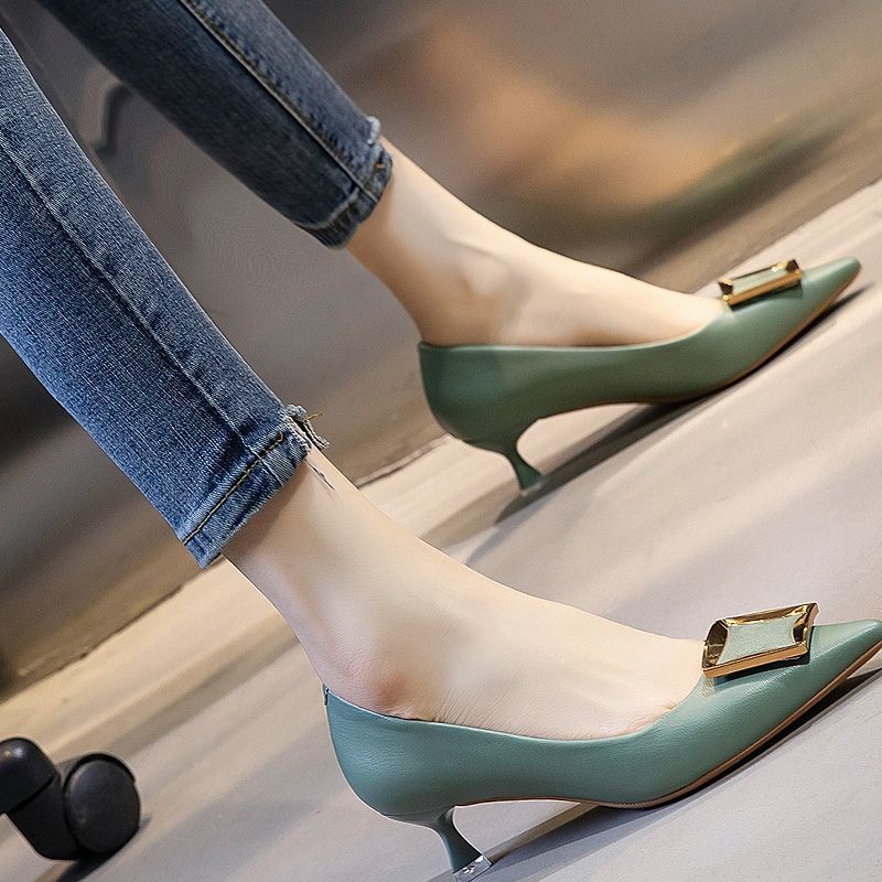 Đen Giày Cao Gót 5cm Da Mềm Mũi Nhọn Thời Trang Mùa Đông Cho Nữ