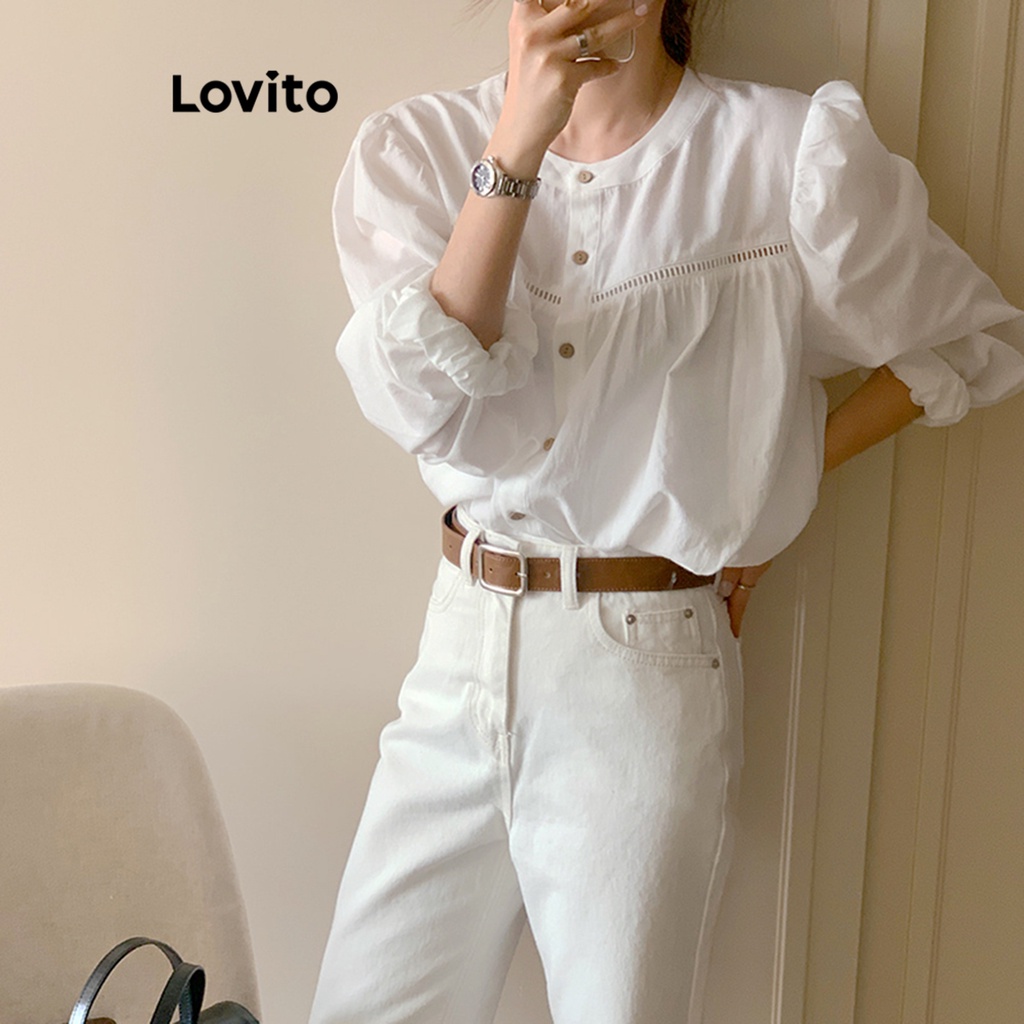 Lovito Áo sơ mi trơn đính nút phía trước thông thường dành cho nữ LNE26067