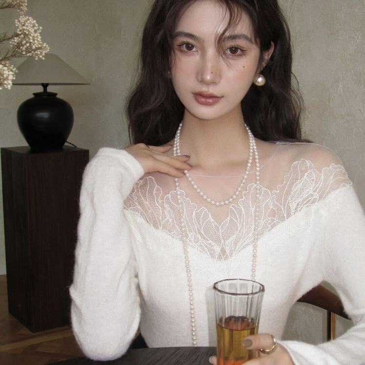 Áo Kiểu Tay Dài Trễ Vai Phối Ren Lưới Phong Cách Pháp