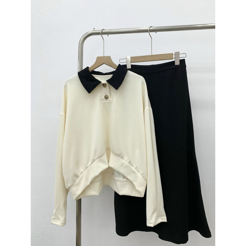 Set áo cổ polo phối màu viền lượn kèm chân váy dài xoè nhẹ S622 SUSSTORE