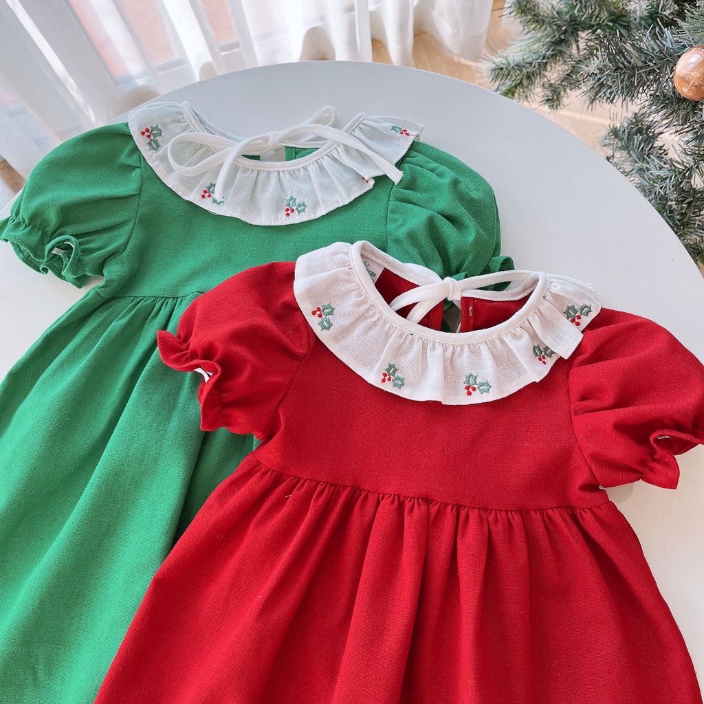 Váy NOEL bé gái  NRA19 babydoll chất linen xanh,đỏ phối thêu cổ Ngò Rí Store