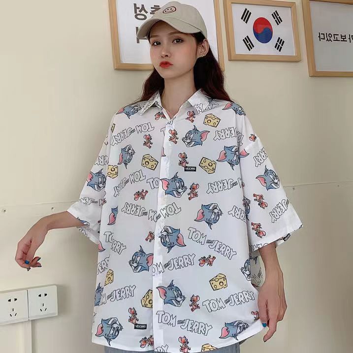 Áo Sơ Mi chiffon Tay Lỡ Cổ Bẻ Dáng Rộng In Họa Tiết Thổ Cẩm Đơn Giản Thời Trang Mùa Hè Hàn Quốc Cho Nữ