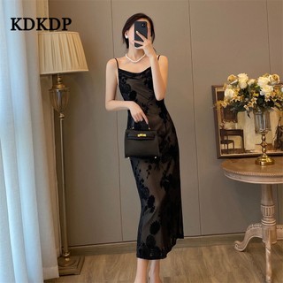 Kdkdp Đầm Hai Dây Dáng Dài Mỏng Vừa Vặn Họa Tiết Hoa Màu Đen Kiểu Pháp Cổ Điển Quyến Rũ Dành Cho Bạn Nữ