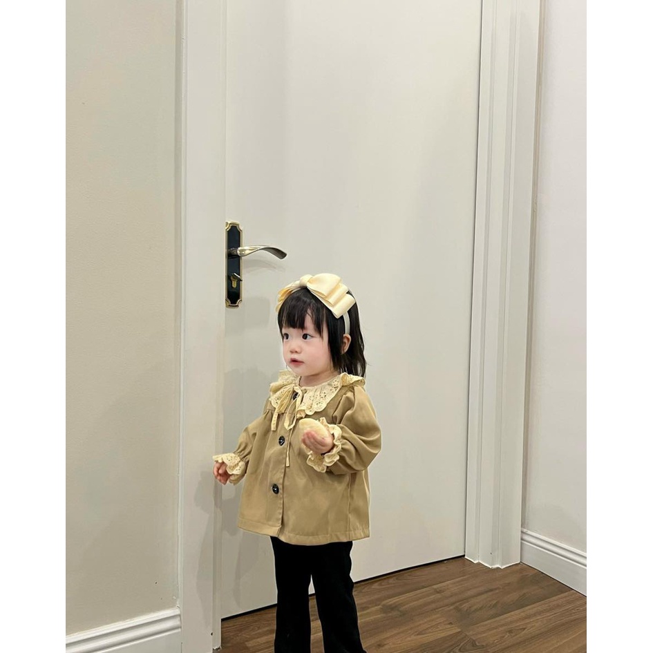 Áo Khoác Kaki Mềm Cổ Viền Ren Buộc Nơ Điệu Đà